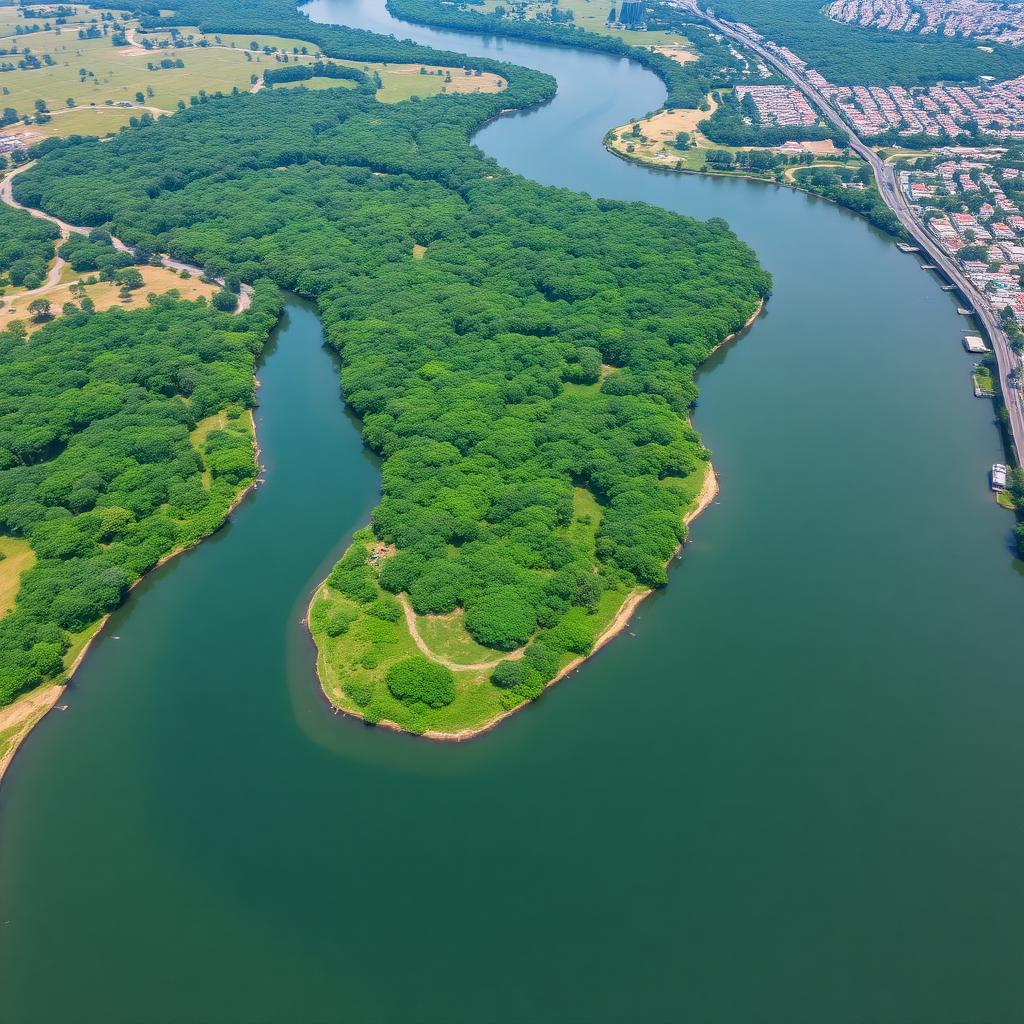 Aerial: green plotted land hugging the river's curve.