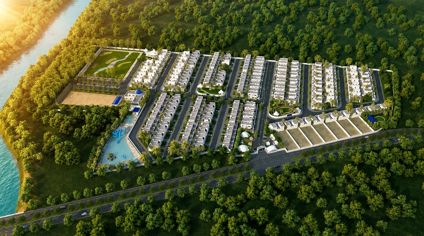 Vena riverbank at first light — the doorstep of Unique City.