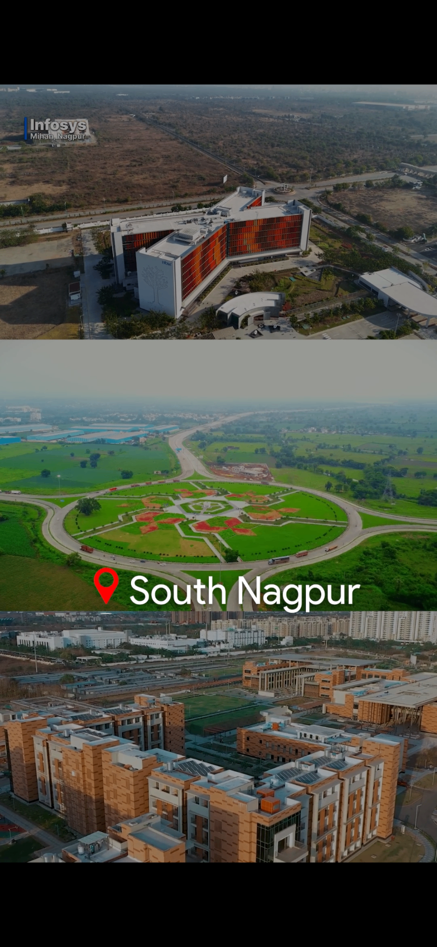 Aerial view of South Nagpur — Infosys at MIHAN SEZ, Samruddhi Mahamarg interchange and the upcoming township belt